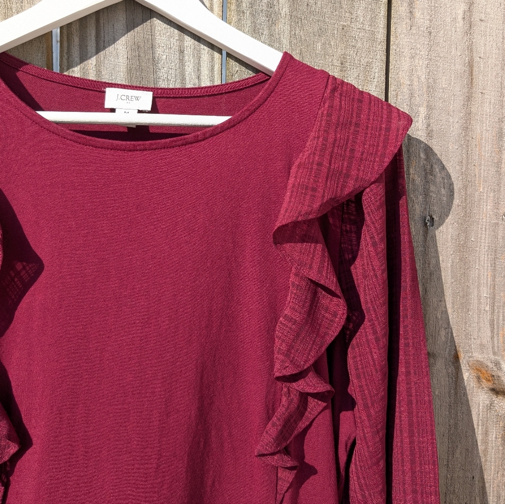 J.CREW Medium Blouse Garnet Ruffle & Semi-sheer Sleeves Cotton